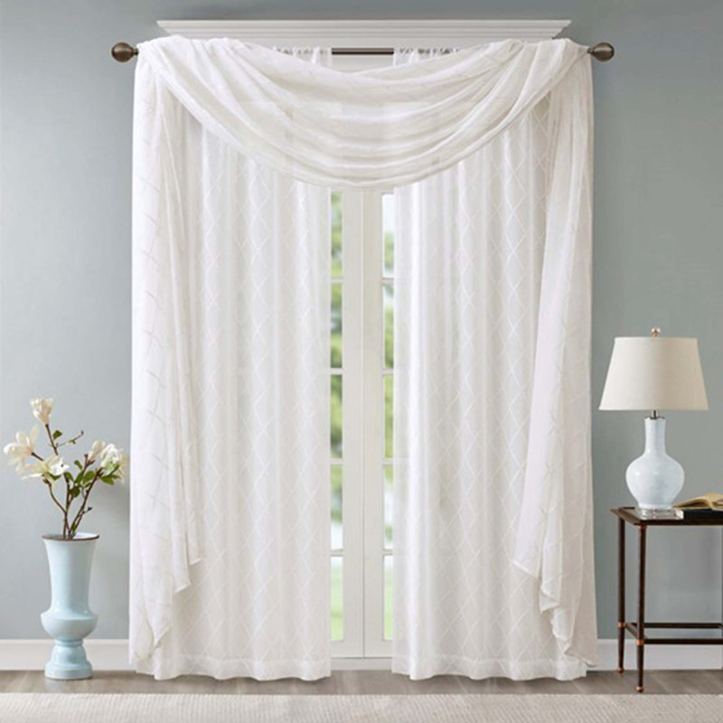 Diamond Sheer Embroidered Window Scarf, White, 50" W x 216" L