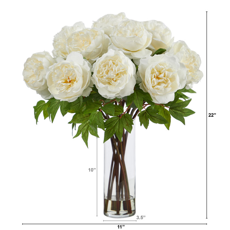 Elegant White Silk Peony Arrangement in Glass Vase