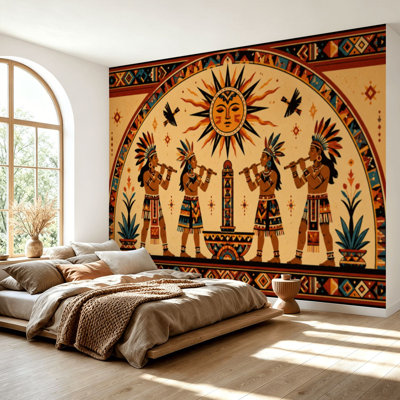 Wall Mural Peel and Stick Wallpaper Kokopelli Southwestern Native American Indian Ancient Ethnic Tribal Self-Adhesive Removable Contact Paper Wall Decor for Living Room Bedroom 69"H x 96"W