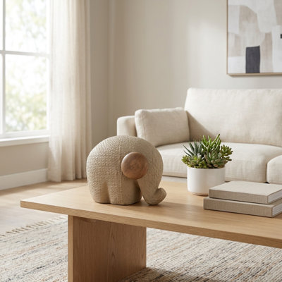 Natural Elephant Figurine Sculpture With Wood Accent For Living Room Or Home Decor - Decorative Object Statue For Tabletop Decorations - 9", Tan & Brown