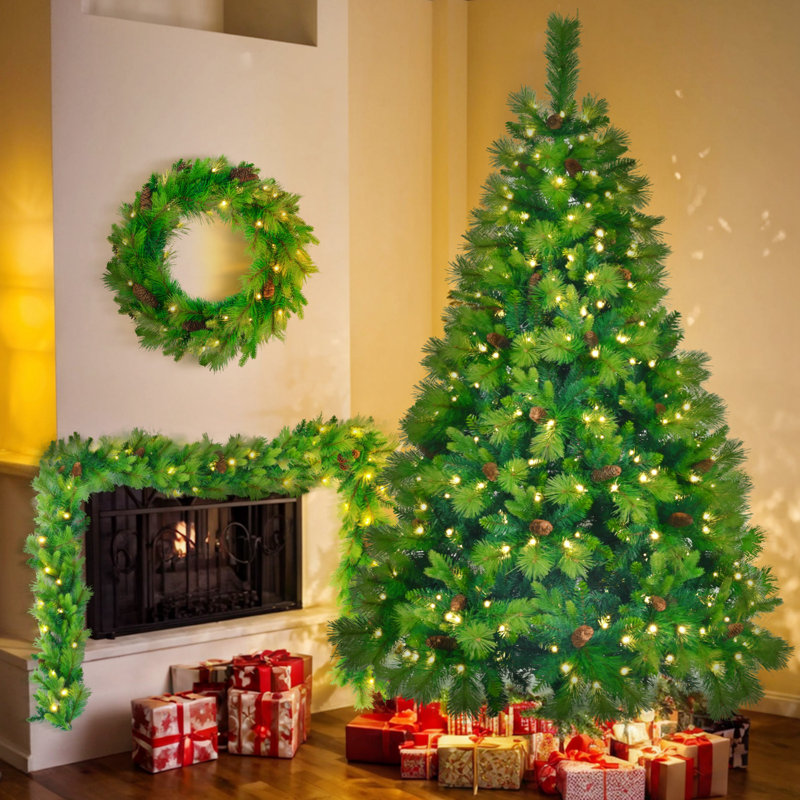 Ensemble d'arbre de Noël 3 pièces avec arbre, guirlande, couronne et pommes de pin