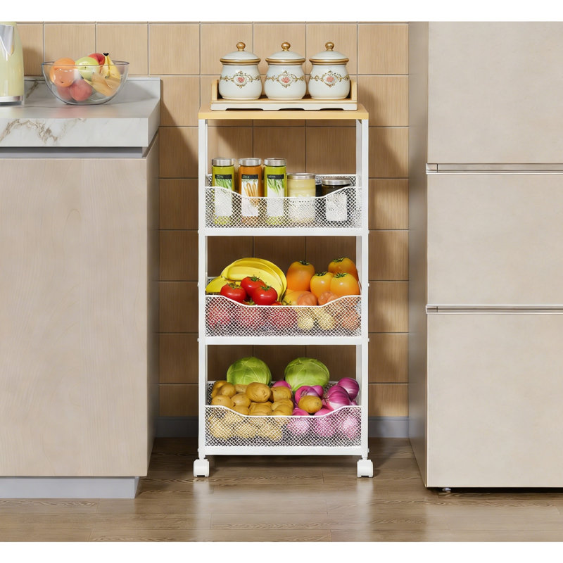 4-Tier Rolling Fruit Basket Cart With Wood Top, Kitchen Storage, White