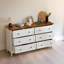 Commode de rangement blanche à 6 tiroirs avec poignées en métal, tiroirs larges et finition grain de bois rouge