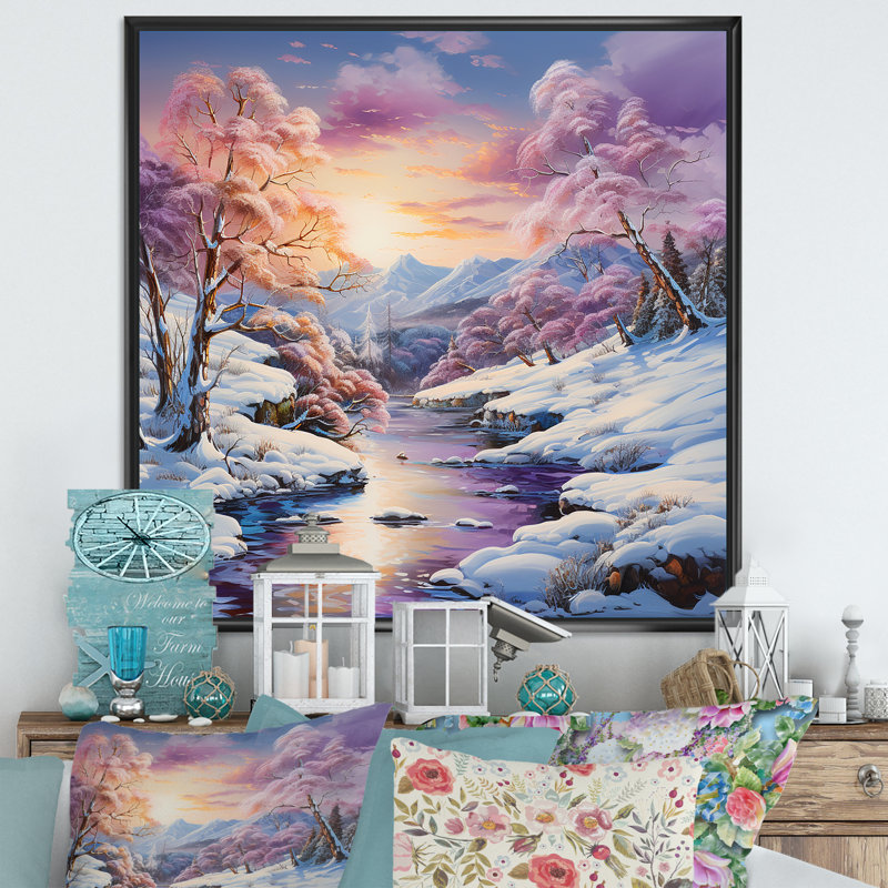 «Winter River Sunset and Snow Charm», reproduction sur toile, Cadre flottant noir, H 36 po x l 36 po