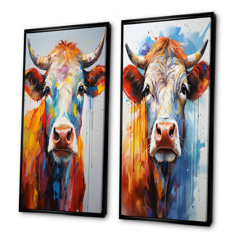 Vache colorée expressionniste - ensemble de 2 décorations murales, H 40 po x l 41 po, Cadre noir