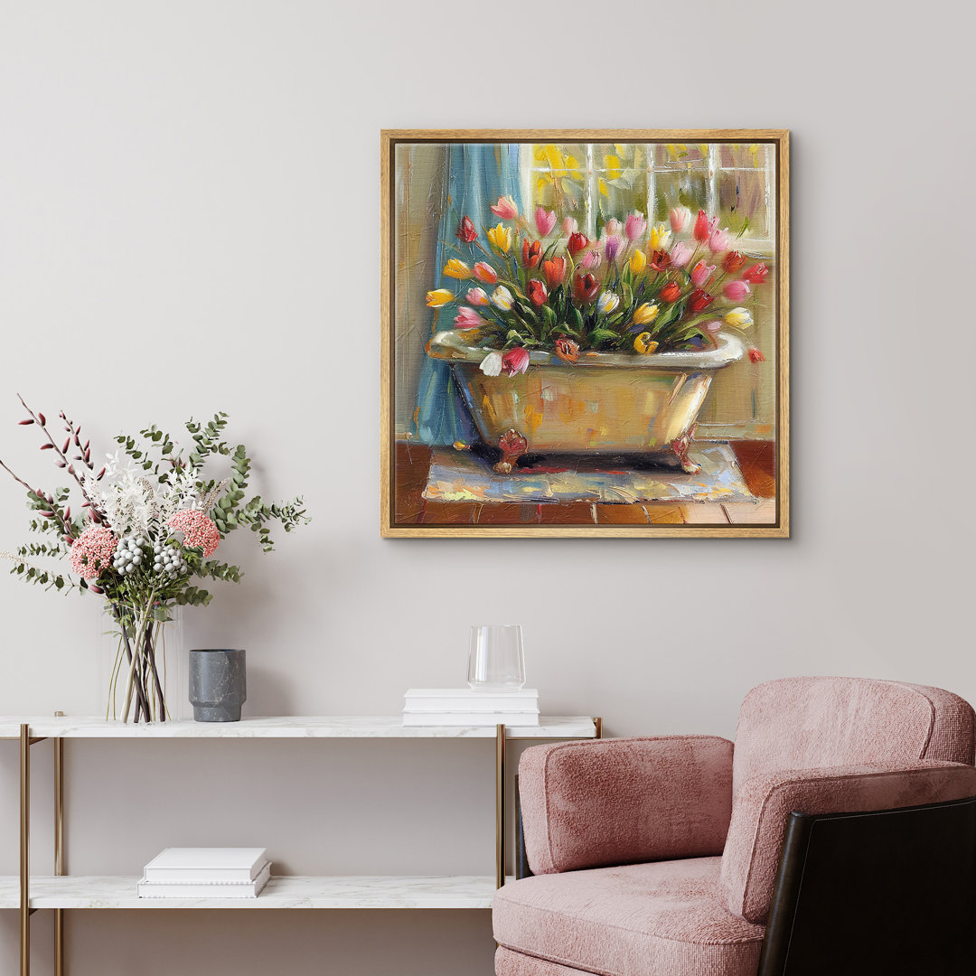 Colorful Tulip Flowers In The Bathtub - Artwork Picture Bathroom Décor Wall Art Framed Canvas Print wall26 Overall 
