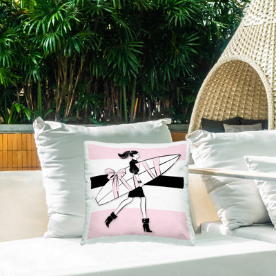 Coussin décoratif d'extérieur imprimé fille glamour avec planche de surf par Martina Pavlova