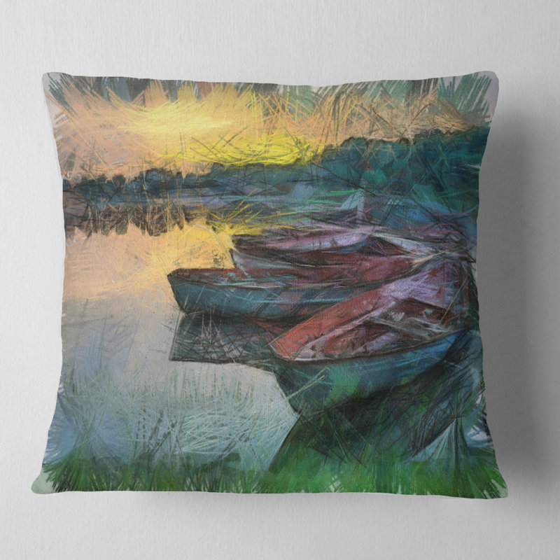 Bateau de pêche par rivière, aquarelle, impression de paysage, 18 po x 18 po, Carré