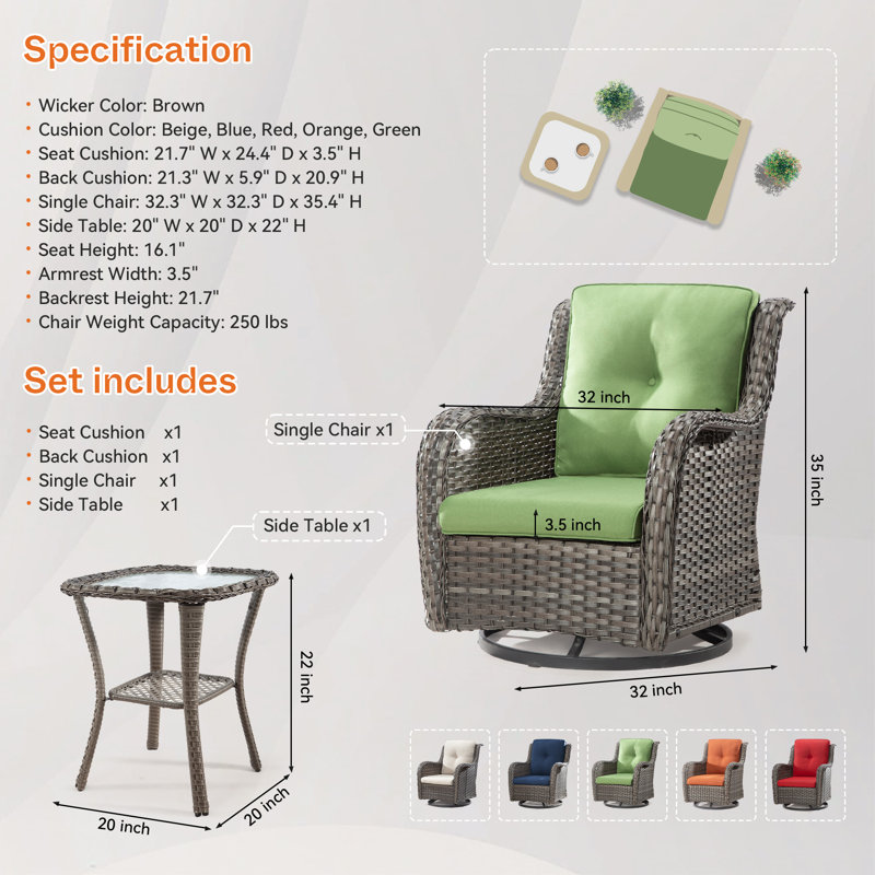 Anahit Wicker Patio Dining Set with Square Table , Cushions Included, Green