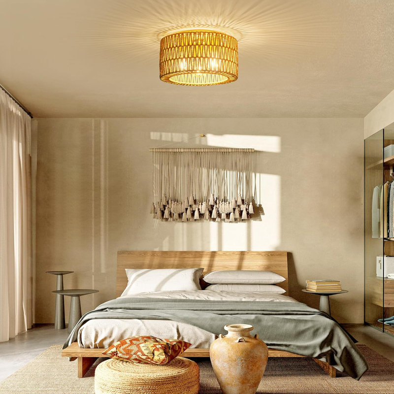 3-Light Rattan Flush Mount Ceiling Light, Gold