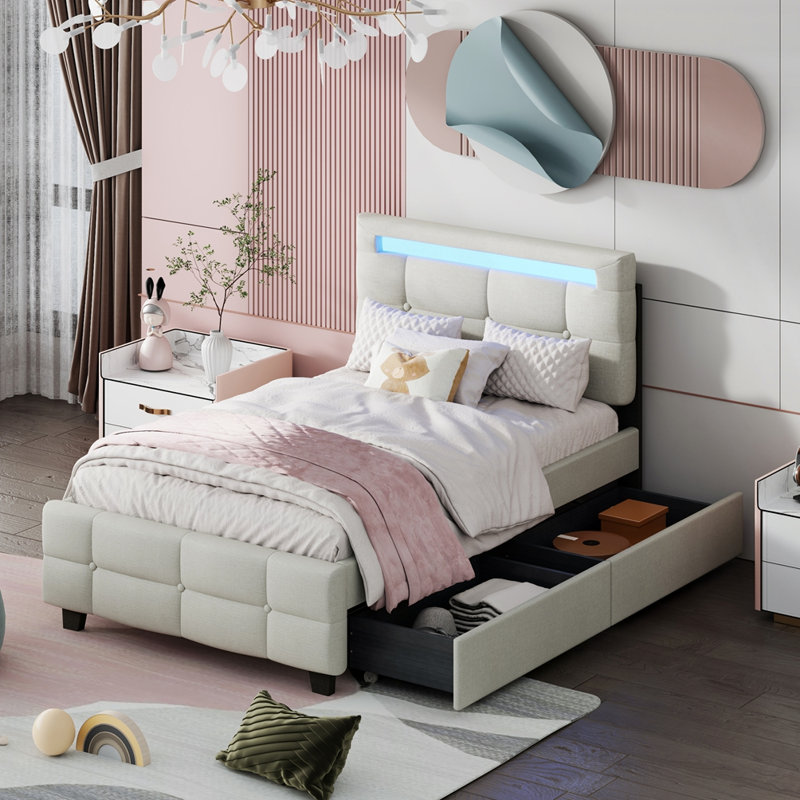 Lit plateforme tapissier avec cadre à DEL et 2 tiroirs, Beige