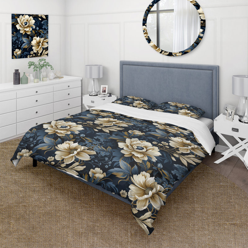Ensemble de housse de couette à motif floral de pivoines bleues, Housse de couette simple + 1 taie décorative stan