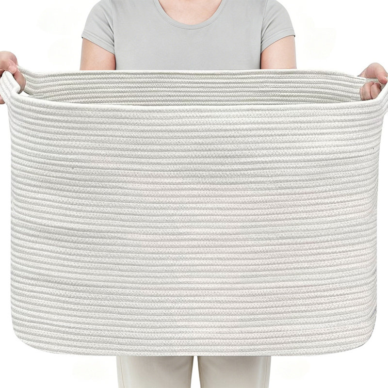 Ebern Designs 16" Tall Cotton Rope Storage Basket - 62L Large Woven Laundry Hamper for Blankets, Toys & Nursery, Foldable Decorative Bin with Reinforced Handles