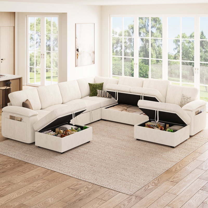 Canapé modulaire en U avec lit escamotable Kristi, canapé-lit modulaire avec rangement Kristi, Velours côtelé beige