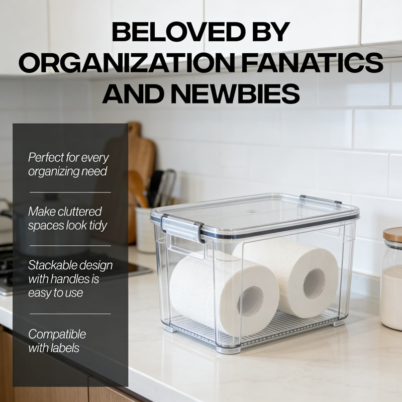 Ensemble de 4 bacs de rangement en plastique transparent - Organisateurs empilables avec poignées pour garde-manger, armoire de cuisine, réfrigérateur, placard, bureau et garage
