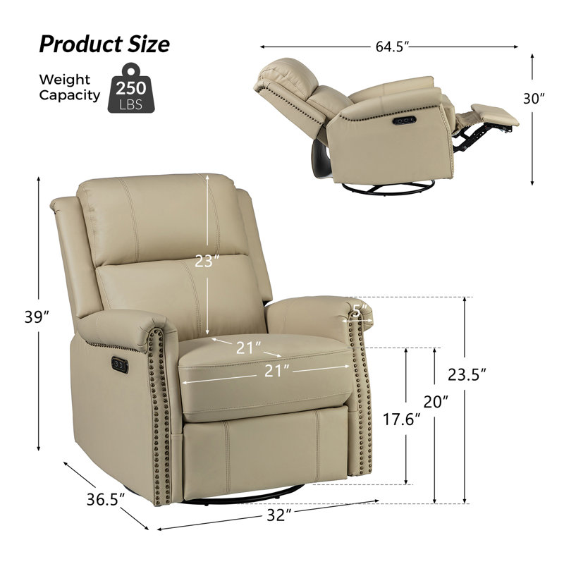 Inglenook 32" Wide Genuine Leather Power Swivel Standard Recliner Set Of 2, Beige