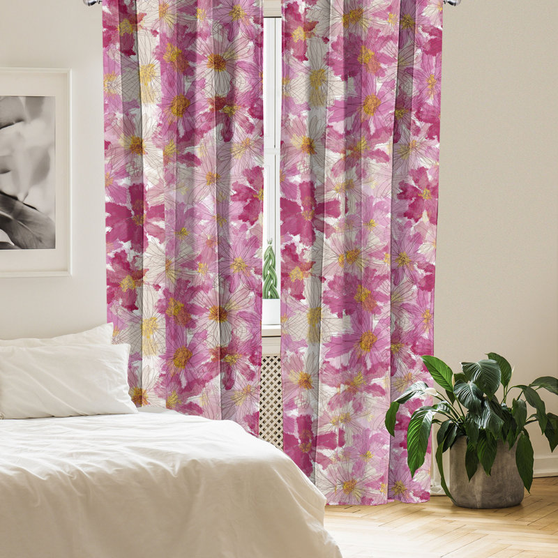 Magenta Pale Peach Floral Microfiber Rod Pocket Curtains