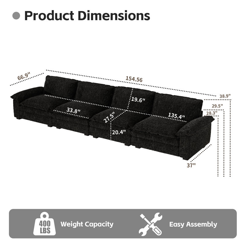 Canapé modulaire 130 po / 154,56 po, H 38,9 po x l 154,56 po x P 66,9 po, 4, Noir, noir, noir, noir