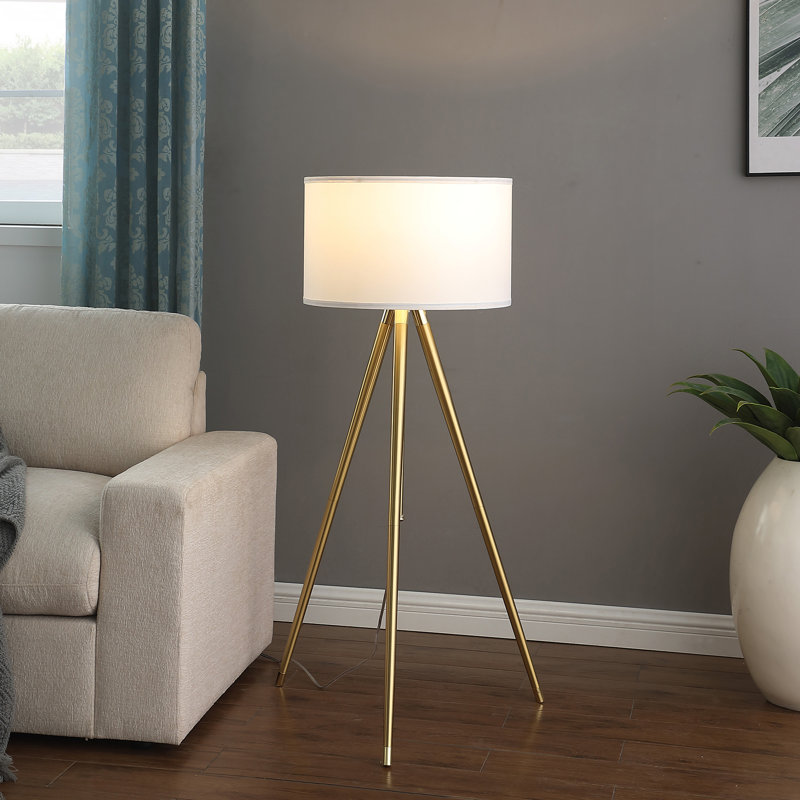 Zeyora Mid-Century Adjustable Height Tripod Floor Lamp with Brass and Polished Gold Finish