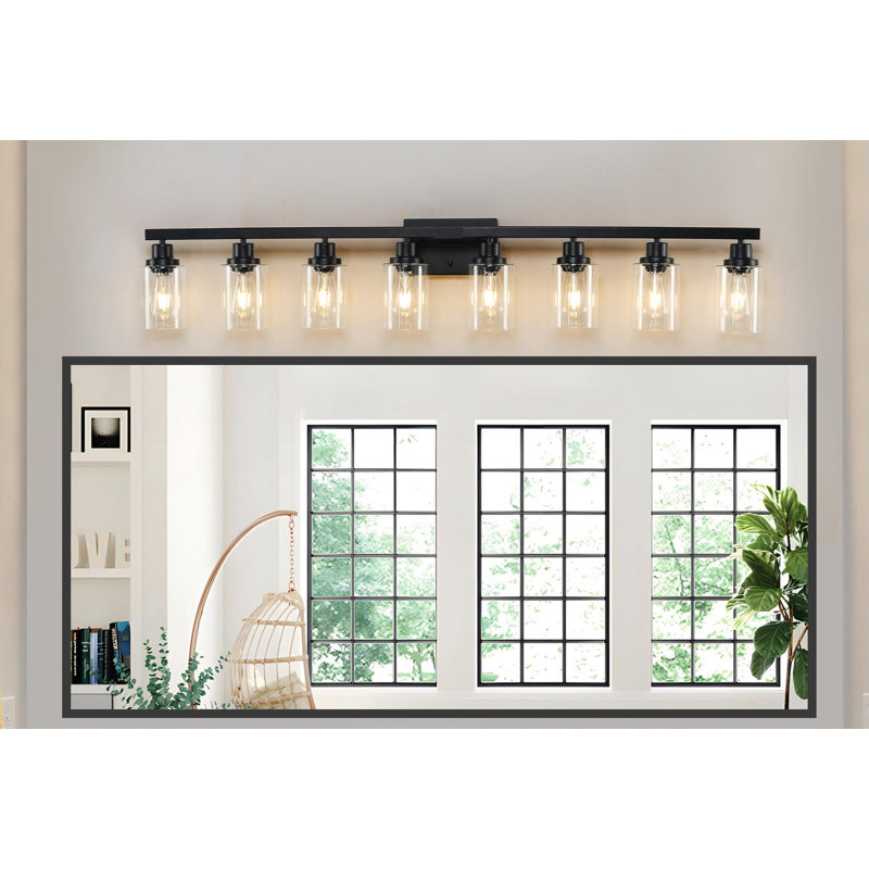 Bathroom Vanity Light, Clear Glass Shade, 8-Light, No Bulbs, Black, Matte Black, 8 Lights