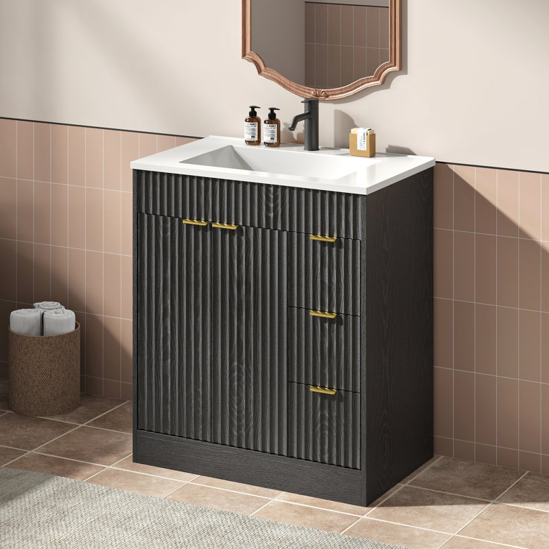 Adonia 30'' W Single Bathroom Vanity With SMC Sink Top, Flutd Wood Bathroom Cabinet With 3 Drawers and Adjustable Shelf, 30"