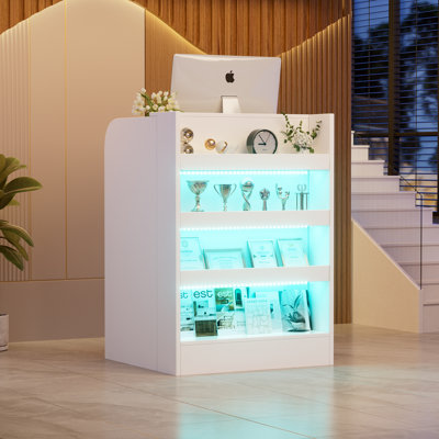Reception Desk With Led Lights, Small Front Desk W/lockable Drawer, Wooden Modern Reception Table With Open Shelves For Retail & Checkout For Lobbies, Salons, Retail