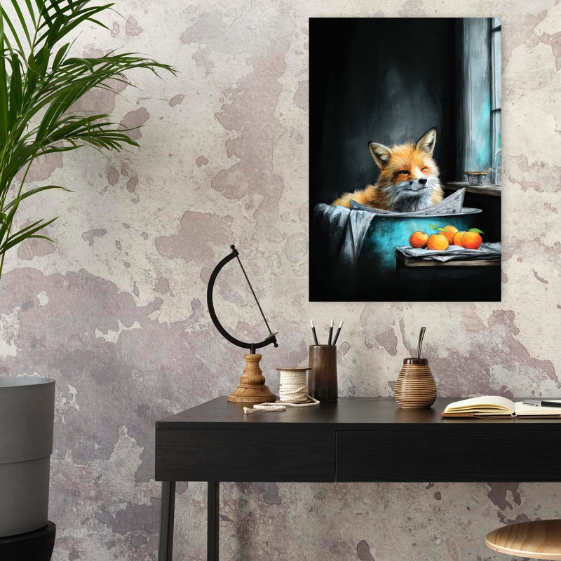 Renard dans la baignoire, art mural forêt contemporaine, H 24 po x l 16 po