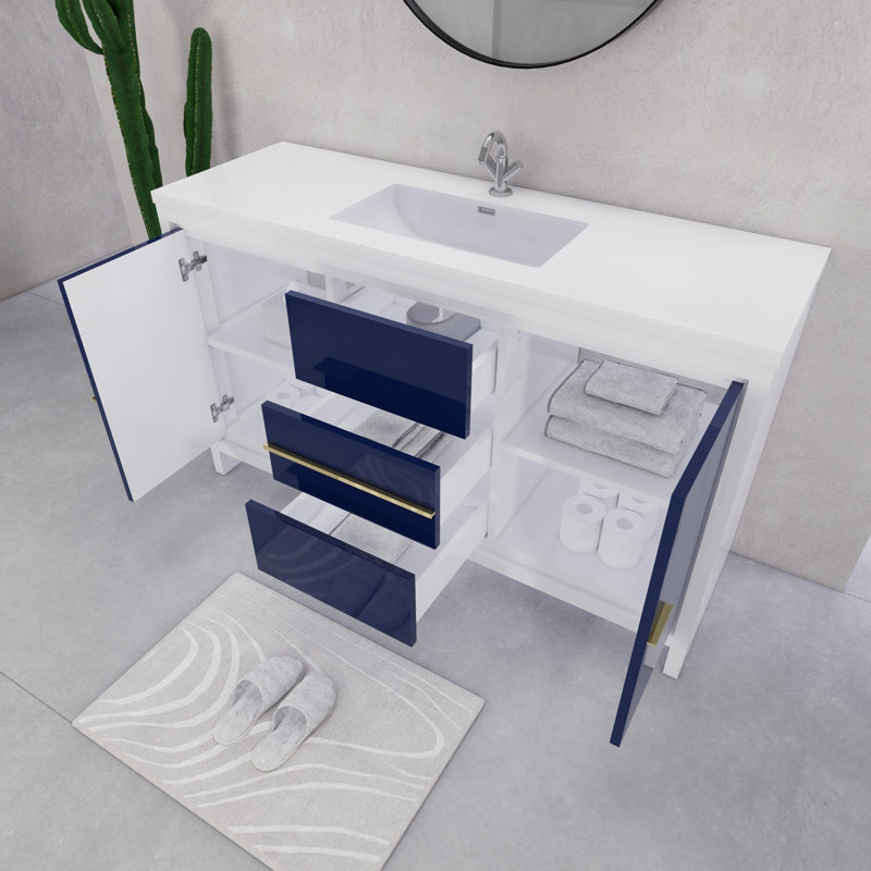 Ensemble de meuble-lavabo à simple cuve 60 "60", Blanc brillant / bleu