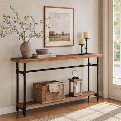 63" Solid Wood Console Table, Entryway Table with Storage & Metal Frame, Farmhouse Behind Couch Table for Living Room