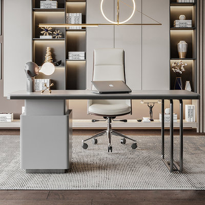 Gray+Black Rectangular Sintered Stone+Manufactured Wood+Stainless Steel Writing desk with drawers desk