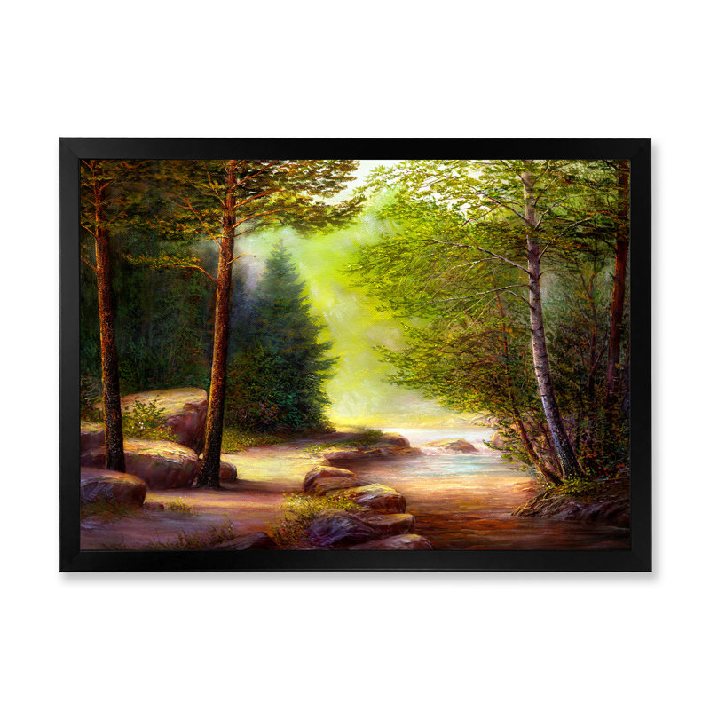 «Morning Sunlight Through The Spring Trees», peinture sur toile, Cadre noir, H 30 po x l 40 po x 1,5 po