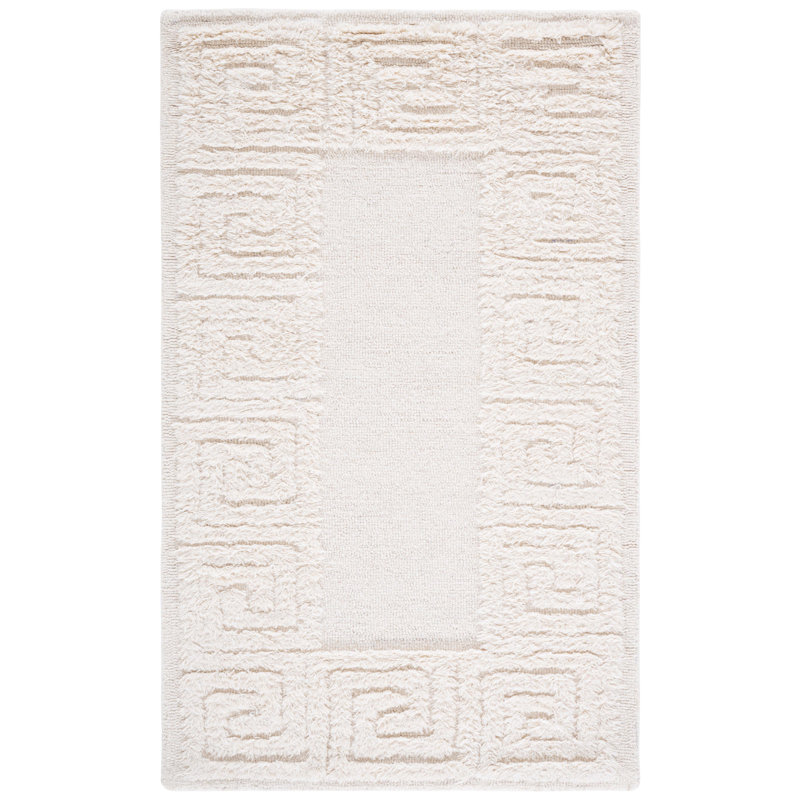 Dreshon Hand Tufted Wool/Cotton Greek Key Border Rug in Ivory, Rectangle 3' x 5'
