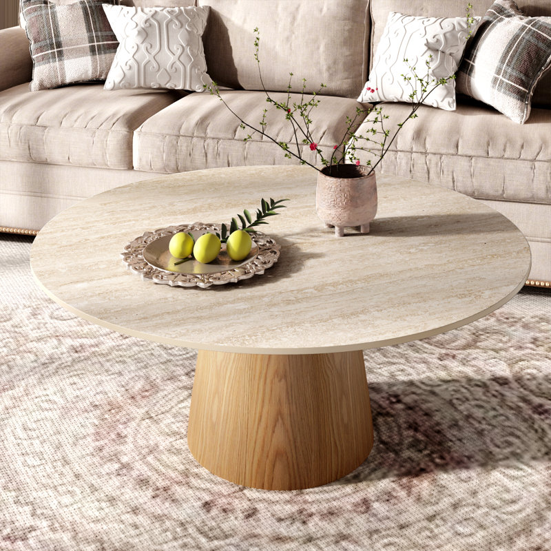 Table basse Mid-Century, Travertin mat / bois, 17.2" H x 35" W x 35" D