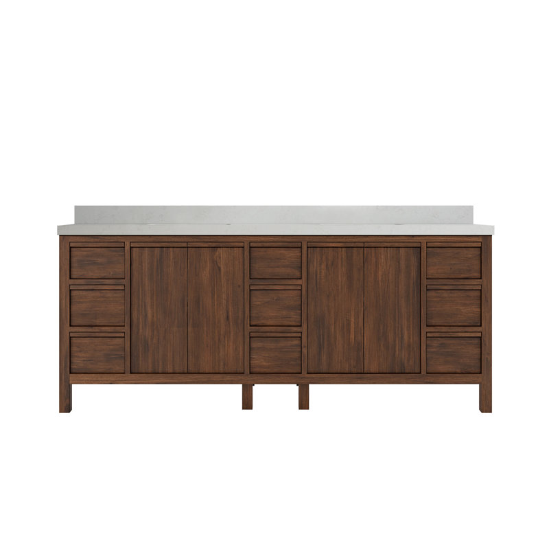 84'' Double Bathroom Vanity with Quartz Top, Carrara Quartz, Dark Walnut