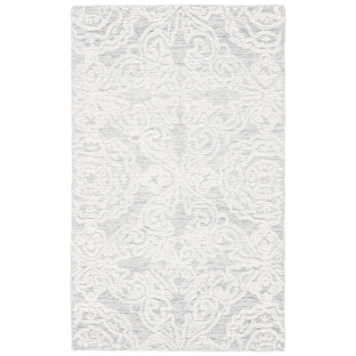 Fernandina Damask Handmade Tufted Wool Light Gray/Ivory Area Rug