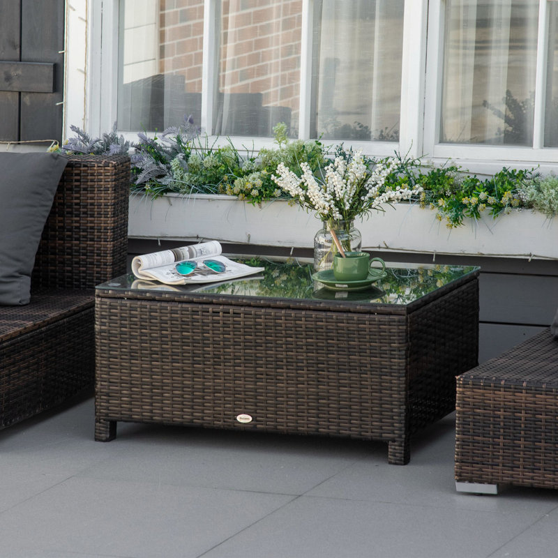 Outsunny PE Rattan Outdoor Coffee Table w/ Tempered Glass Top, Brown