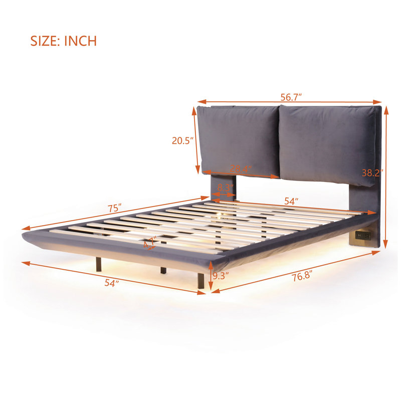 Upholstered Platform Bed with Sensor Light and 2 Large Backrests, Stylish Platform Bed with 2 sets of USB Port and Socket on each rear Bed Leg