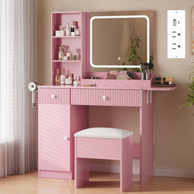 Meuble-lavabo de bureau pliable avec miroir lumineux, éclairage DEL réglable et multiprise intégrée