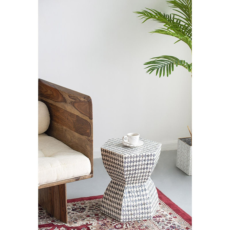15X13x17" Hexagonal Garden Capiz Stool, Accent Side Table, Black/White