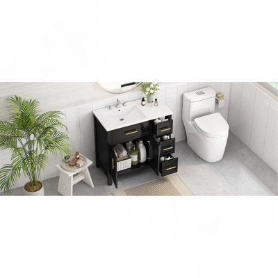 Meuble-lavabo 36 po avec comptoir, meuble-lavabo avec deux portes et trois tiroirs, bois massif, panneaux de fibres à densité moyenne, un paquet, noir