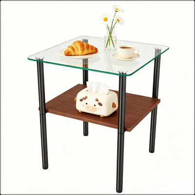 Ensemble de tables basses et de tables de bout Modern Modern, plateau rectangulaire en verre trempé avec pieds en métal et tablette en bois