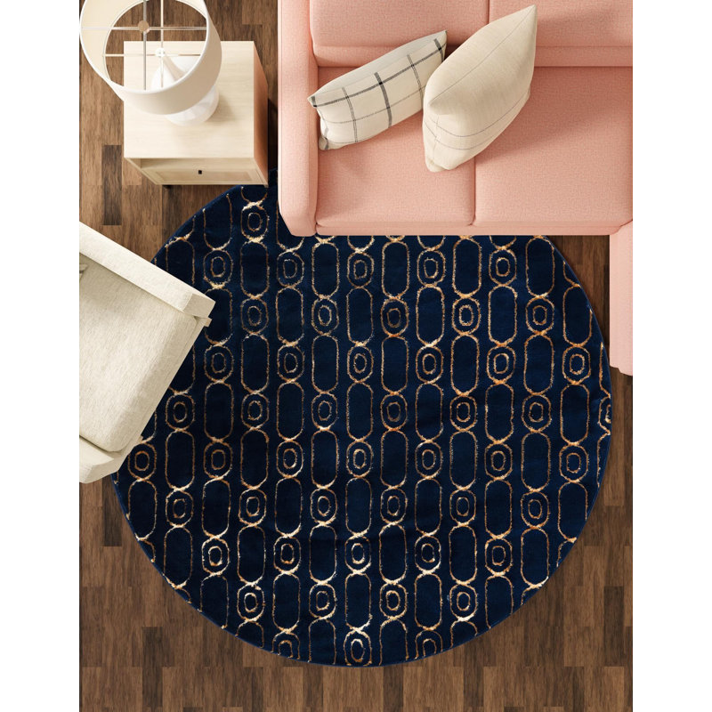 Tapis contemporain bleu marine et doré Vincente, Rond 3 pi 1 po