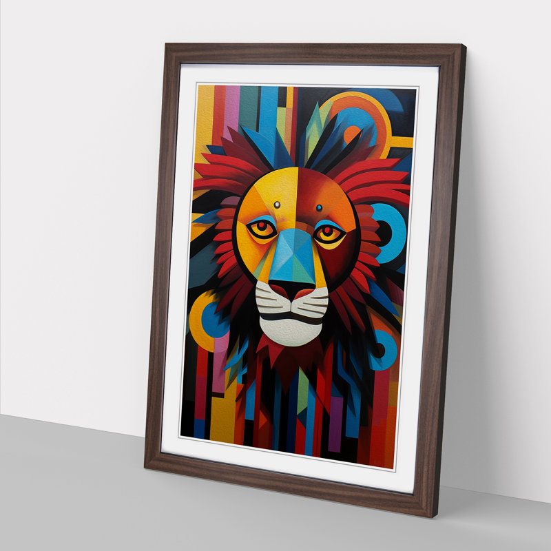 Lion Constructivism - Single Picture Frame Print on Wood, Walnut, 46cm H x 34cm W x 2cm D