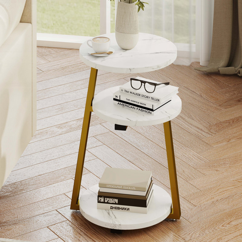 Small Round Side Table with 3-Tier Storage (White & Gold), Gold