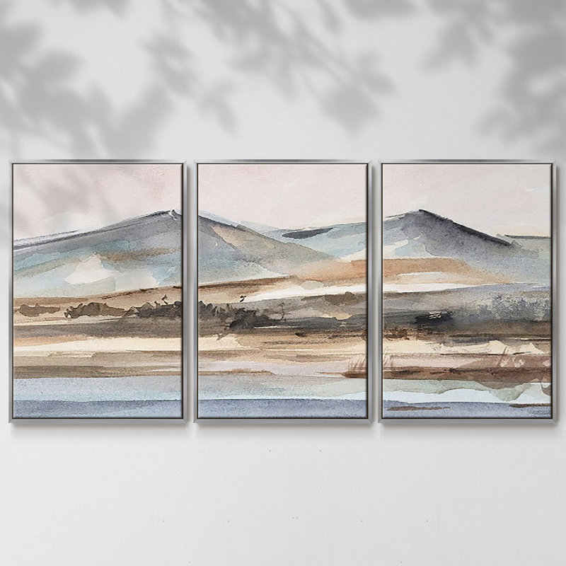 Autumn Mountain Valley II, peinture sur toile 3 pièces, H 36 po x l 75 po, Encadrement argenté