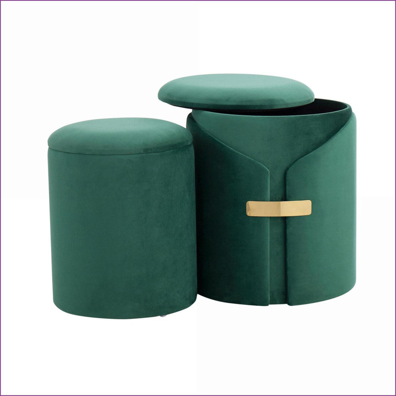 Nesting Ottoman Set, Contemporary/Glam Sage Green Velvet with Gold Accents by LumiSource | Sage Green | Velvet, Green