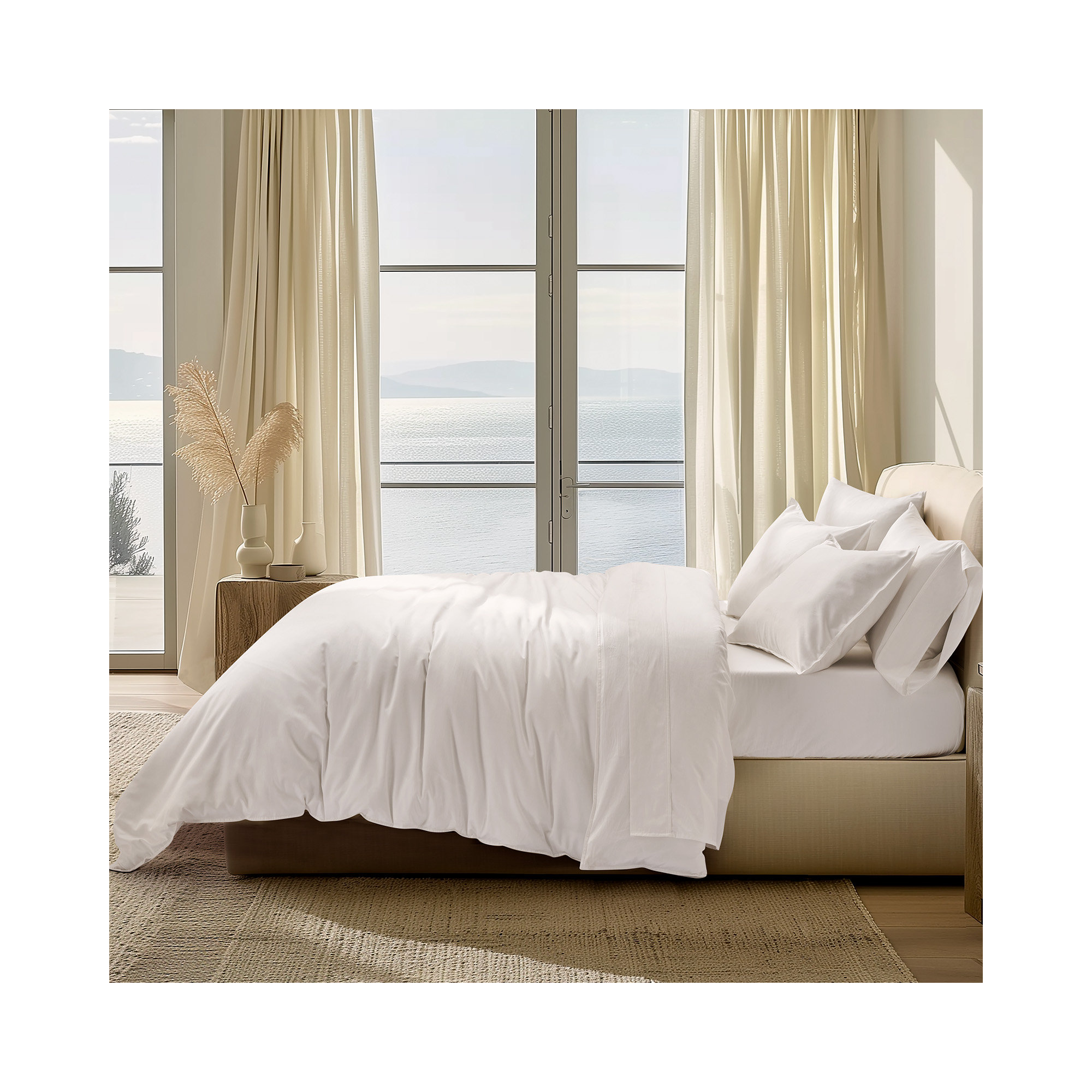 Cotton Tencel Duvet Cover Set, Queen Duvet Cover + 2 Queen Shams, Bright White