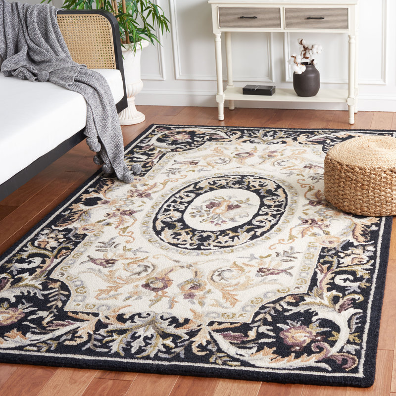 Savonnerie Hand Tufted Wool/Cotton Floral Rug in Black/Ivory/Ivory/Black, Rectangle 5' x 8'