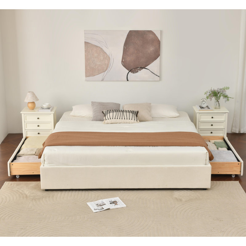 Lit plateforme tapissier avec rangement et tiroirs, Crème, crème, Très grand