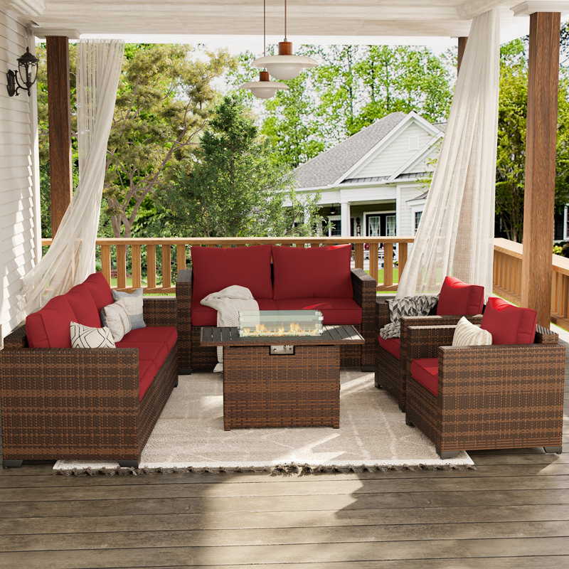 5-Pieces Wide Armrest Outdoor Sectional Rattan Conversation Set with Fire Fit Table., Red
